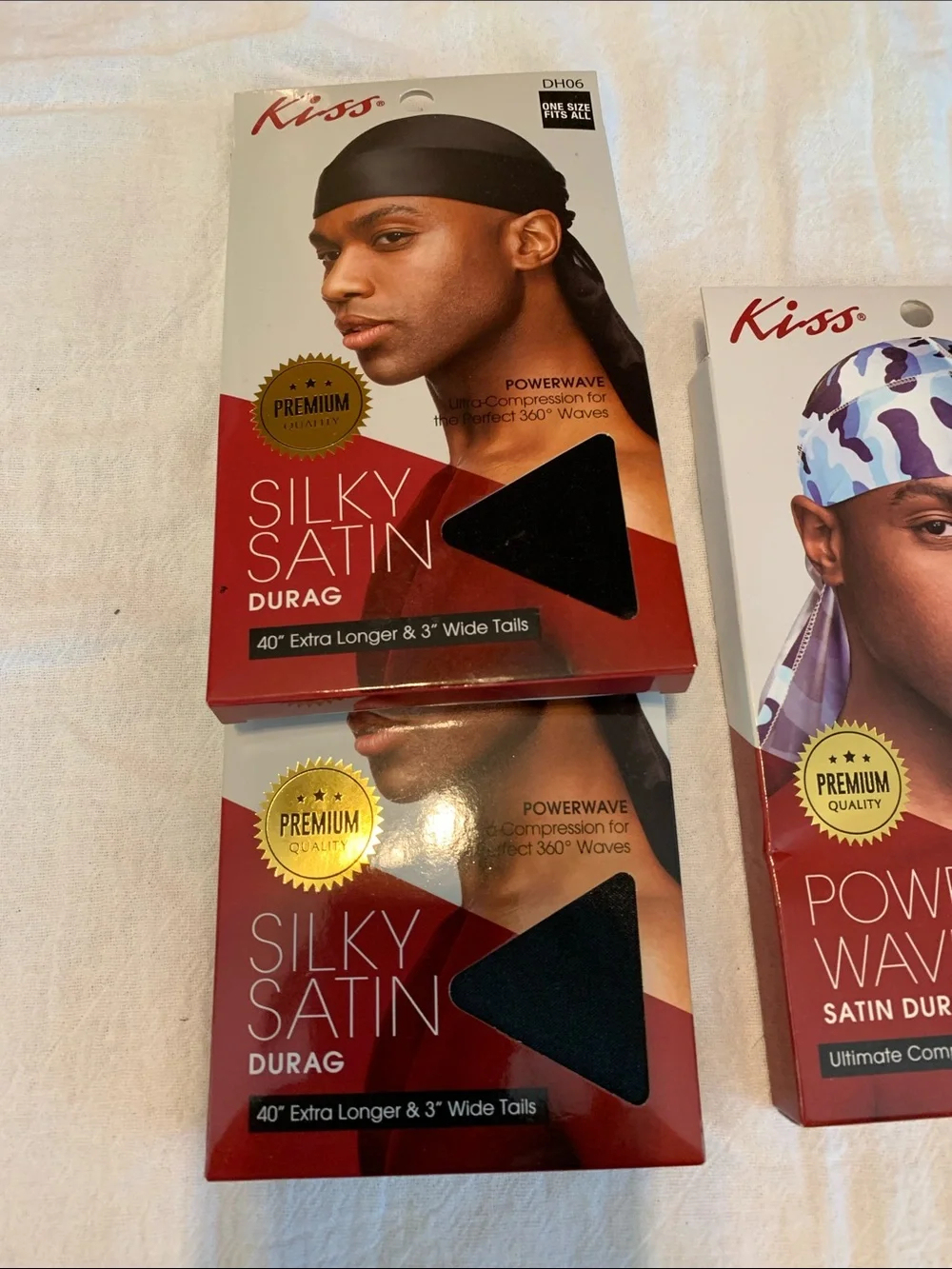 Kiss Satin & Premium Durags 5-PK NEW Black-Blues-Black Camo Premium extra Long